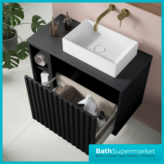 Orac Fluted Matt Black Wall Hung Side Shelf Vanity Unit 800mm & White Counter Top Basin