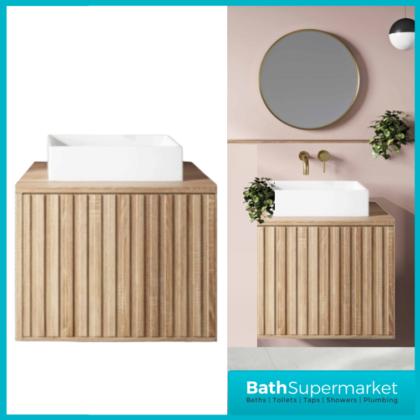 Orac Fluted Sonoma Oak Wall Hung Bathroom Cabinet Unit 600mm & White Counter Top Basin