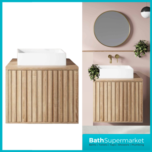 Orac Fluted Sonoma Oak Wall Hung Bathroom Cabinet Unit 600mm & White Counter Top Basin