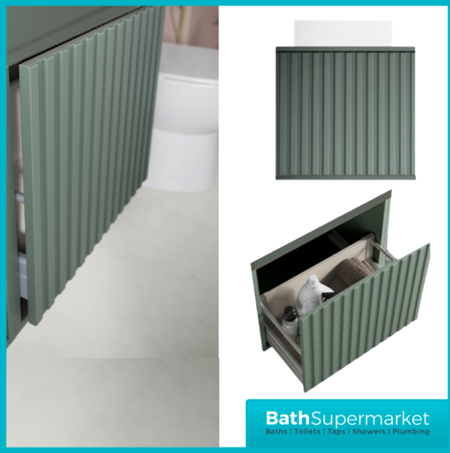 Orac Fluted Reed Green Wall Hung Bathroom Cabinet Unit 600mm & White Counter Top Basin