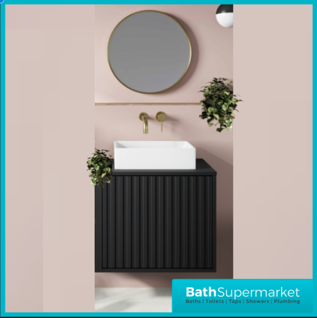 Orac Fluted Matt Black Wall Hung Bathroom Cabinet Drawer Unit 600mm With White Counter Top Basin