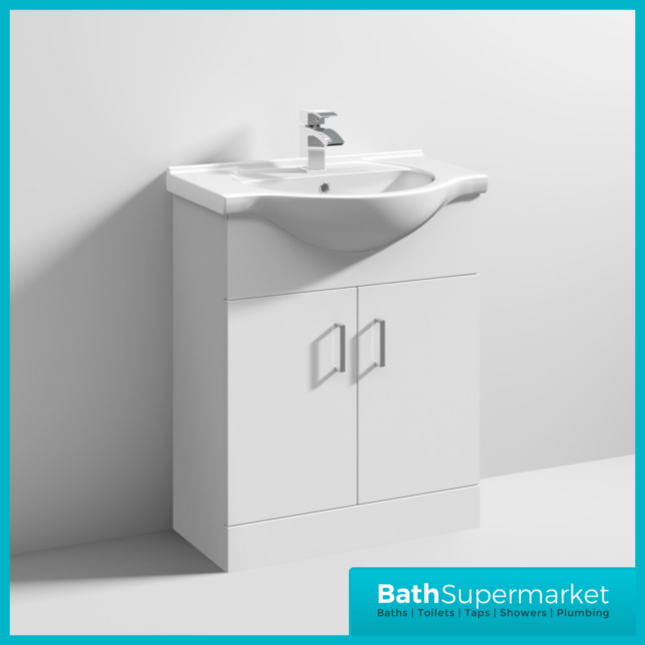 Mayford Gloss White Floor Standing Bathroom Vanity Cabinet Unit & Round Basin 650mm