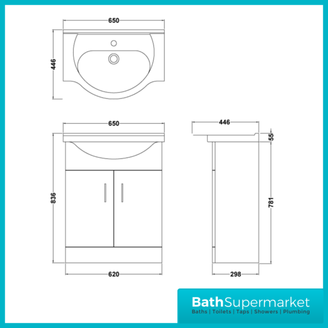 Mayford Gloss White Floor Standing Bathroom Vanity Cabinet Unit & Round Basin 650mm - Image 7