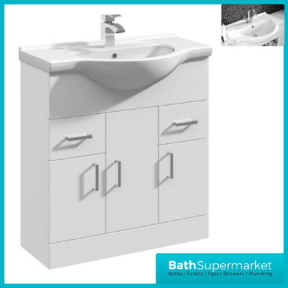 Mayford Gloss White Floor Standing Bathroom Vanity Cabinet Drawer Unit & Round Basin 750mm