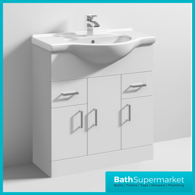 Mayford Gloss White Floor Standing Bathroom Vanity Cabinet Drawer Unit & Round Basin 750mm