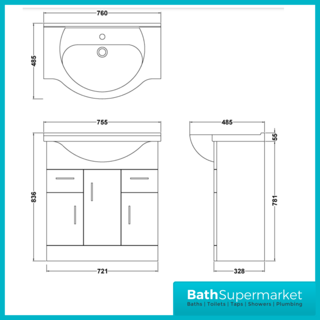 Mayford Gloss White Floor Standing Bathroom Vanity Cabinet Drawer Unit & Round Basin 750mm
