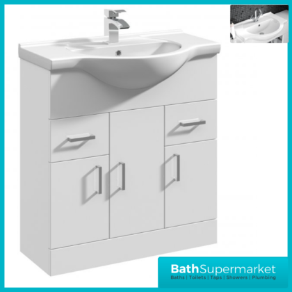 Mayford Gloss White Floor Standing Bathroom Vanity Cabinet Drawer Unit & Round Basin 850mm