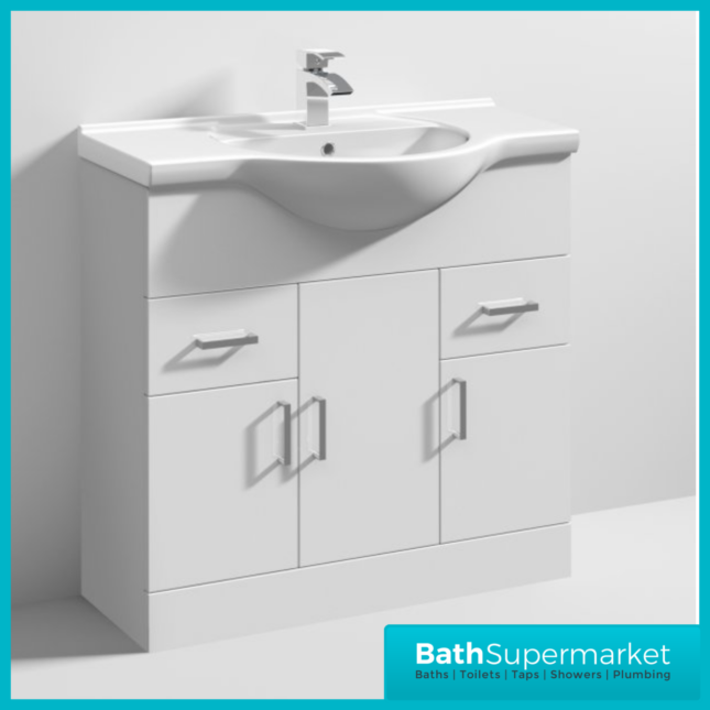 Mayford Gloss White Floor Standing Bathroom Vanity Cabinet Drawer Unit & Round Basin 850mm