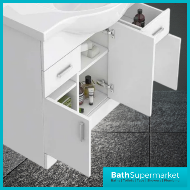 Mayford Gloss White Floor Standing Bathroom Vanity Cabinet Drawer Unit & Round Basin 750mm