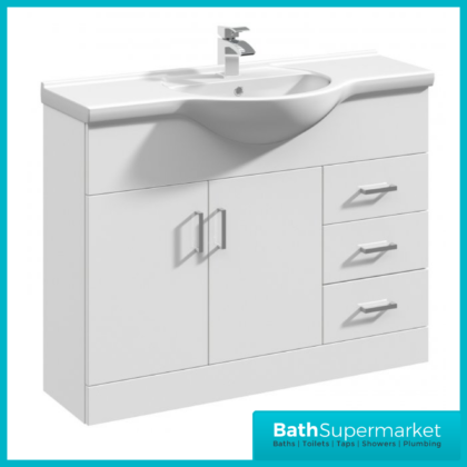 Mayford Gloss White Floor Standing Bathroom Vanity Cabinet Drawer Unit & Round Basin 1050mm