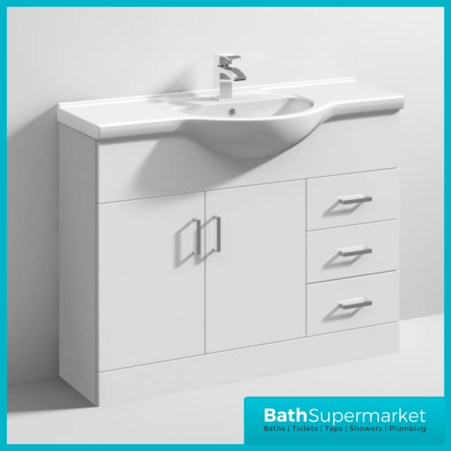 Mayford Gloss White Floor Standing Bathroom Vanity Cabinet Drawer Unit & Round Basin 1050mm - Image 2