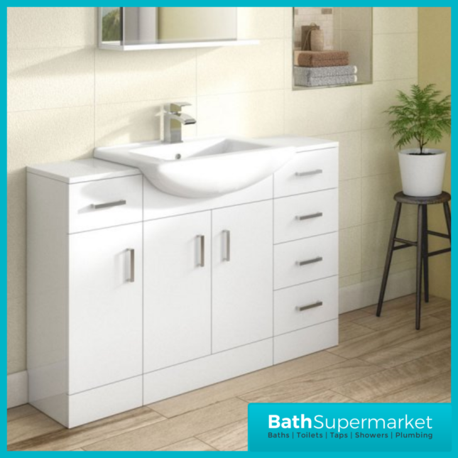 Mayford Gloss White Floor Standing Bathroom Vanity Cabinet Drawer Unit & Round Basin 1050mm - Image 6