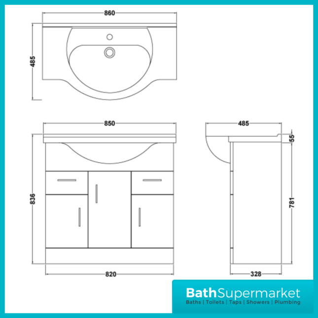 Mayford Gloss White Floor Standing Bathroom Vanity Cabinet Drawer Unit & Round Basin 850mm - Image 7