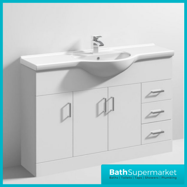 Mayford Gloss White Floor Standing Bathroom Vanity Cabinet Drawer Unit & Round Basin 1200mm - Image 7