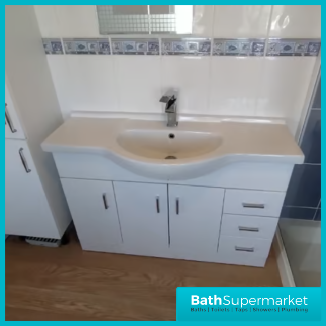 Mayford Gloss White Floor Standing Bathroom Vanity Cabinet Drawer Unit & Round Basin 1200mm - Image 8