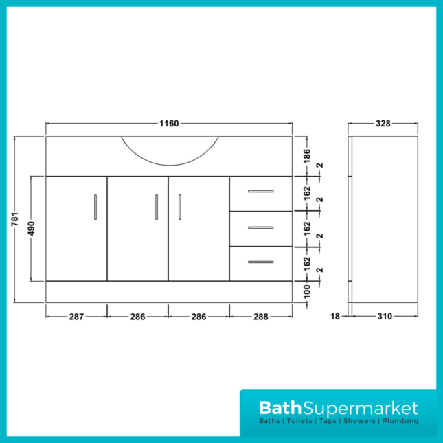 Mayford Gloss White Floor Standing Bathroom Vanity Cabinet Drawer Unit & Round Basin 1200mm - Image 10