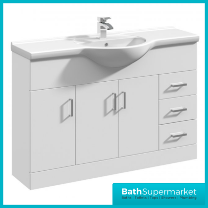 Mayford Gloss White Floor Standing Bathroom Vanity Cabinet Drawer Unit & Round Basin 1200mm