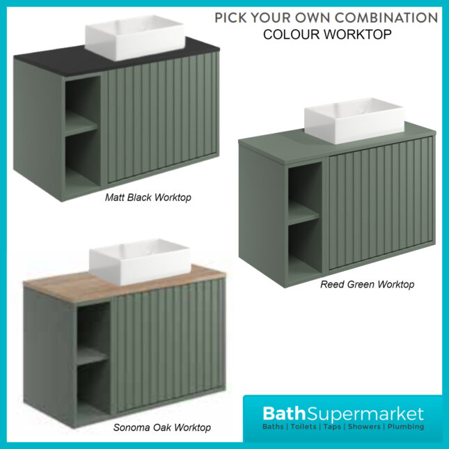 Orac Fluted Reed Green Wall Hung Side Shelf Vanity Unit 800mm & White Counter Top Basin
