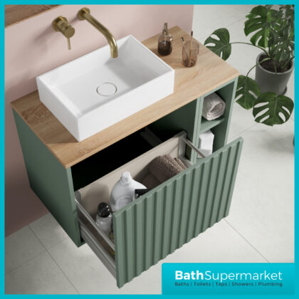 Orac Fluted Reed Green Wall Hung Side Shelf Vanity Unit 800mm & White Counter Top Basin
