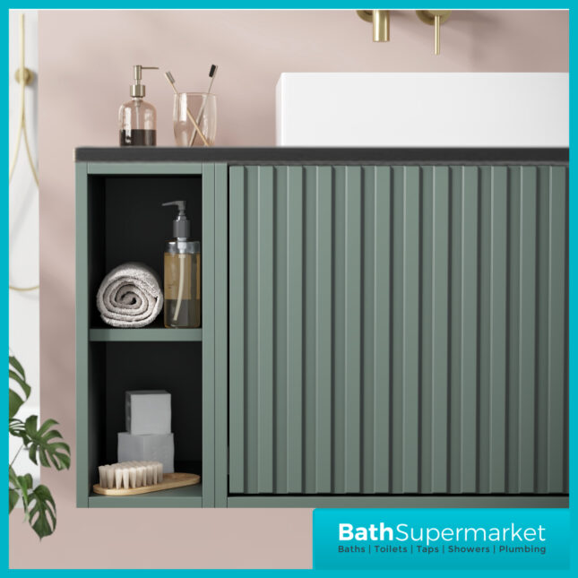 Orac Fluted Reed Green Wall Hung Side Shelf Vanity Unit 800mm & White Counter Top Basin