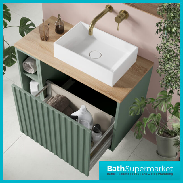 Orac Fluted Reed Green Wall Hung Side Shelf Vanity Unit 800mm & White Counter Top Basin