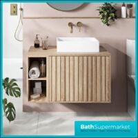 Orac Fluted Sonoma Oak Wall Hung Side Shelf Vanity Unit 800mm & White Counter Top Basin