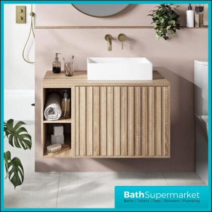 Orac Fluted Sonoma Oak Wall Hung Side Shelf Vanity Unit 800mm & White Counter Top Basin
