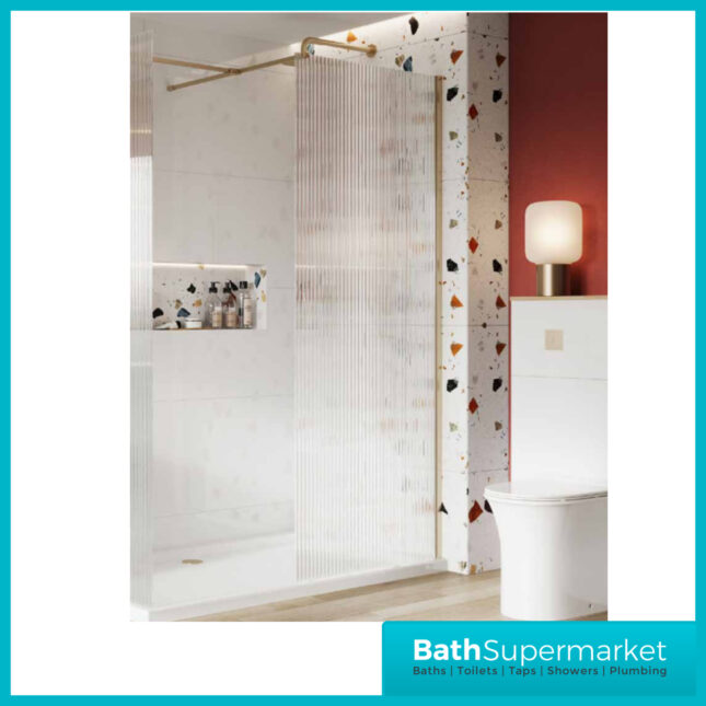 Sognare Brushed Brass Fluted 8mm Glass Shower Wetroom Screen Panel & Support Arm - Image 7