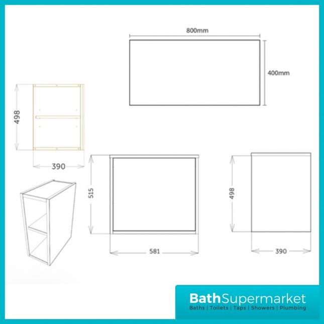 Orac Fluted Matt Black Wall Hung Side Shelf Vanity Unit 800mm & White Counter Top Basin
