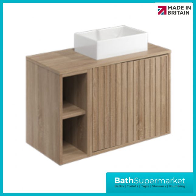 Orac Fluted Sonoma Oak Wall Hung Side Shelf Vanity Unit 800mm & White Counter Top Basin