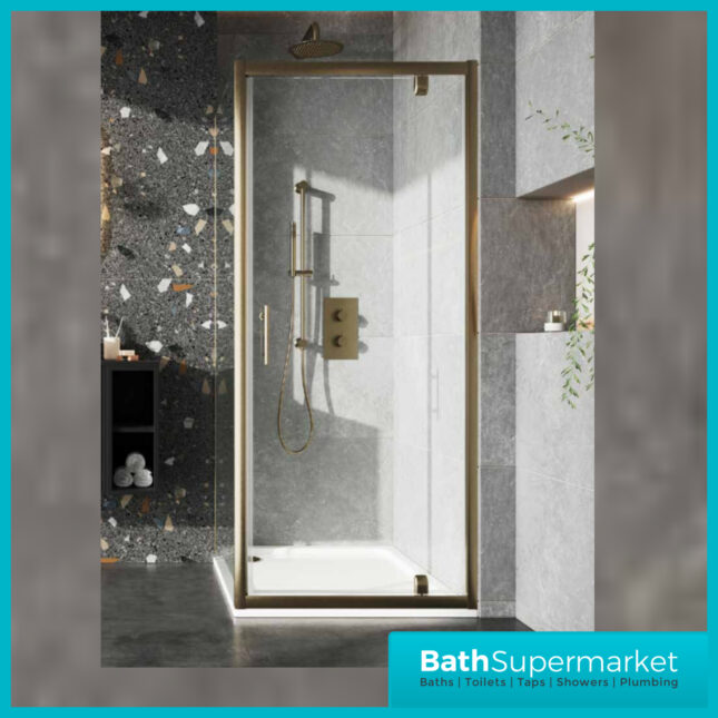 Sognare Brushed Brass Universal Pivot Shower Door Enclosure & Optional Side Panel