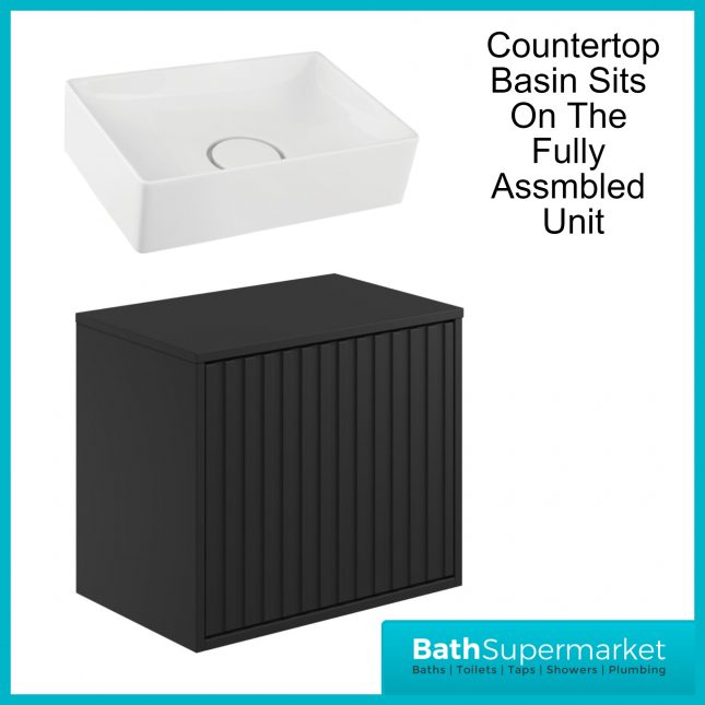 Orac Fluted Matt Black Wall Hung Bathroom Cabinet Drawer Unit 600mm With White Counter Top Basin - Image 5