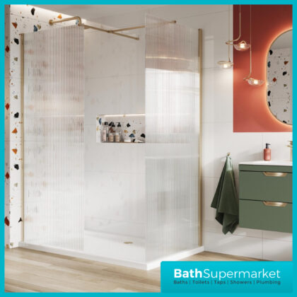 Sognare Brushed Brass Fluted 8mm Glass Shower Wetroom Screen Panel & Support Arm
