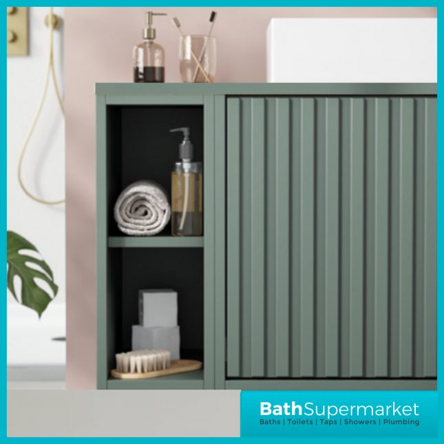 Orac Fluted Reed Green Wall Hung Side Storage Shelf Vanity Unit With Worktop 800mm & Counter Top Basin - Image 6