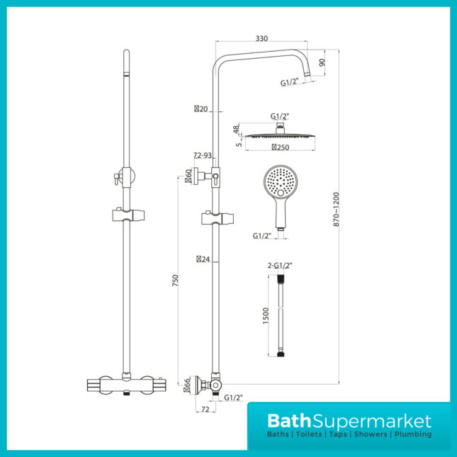 Sognare Messi Chrome Round Cool Touch Exposed Valve Rigid Riser Shower - Image 3