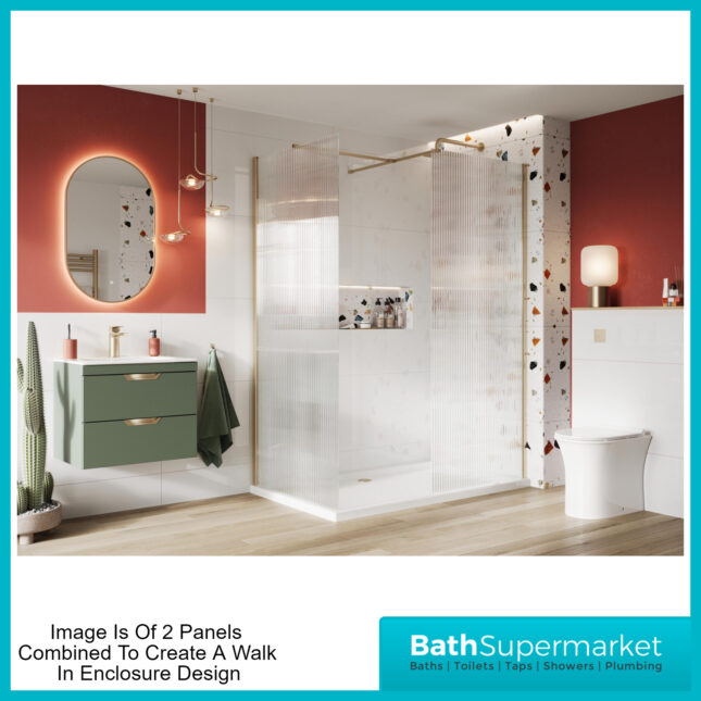 Sognare Brushed Brass Fluted 8mm Glass Shower Wetroom Screen Panel & Support Arm