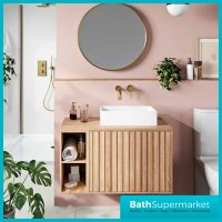 Orac Fluted Sonoma Oak Wall Hung Side Shelf Vanity Unit 800mm & White Counter Top Basin