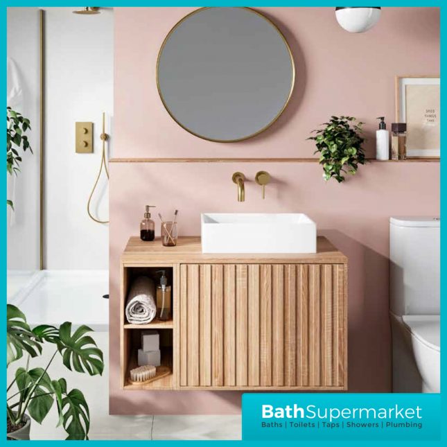 Orac Fluted Sonoma Oak Wall Hung Side Shelf Vanity Unit 800mm & White Counter Top Basin
