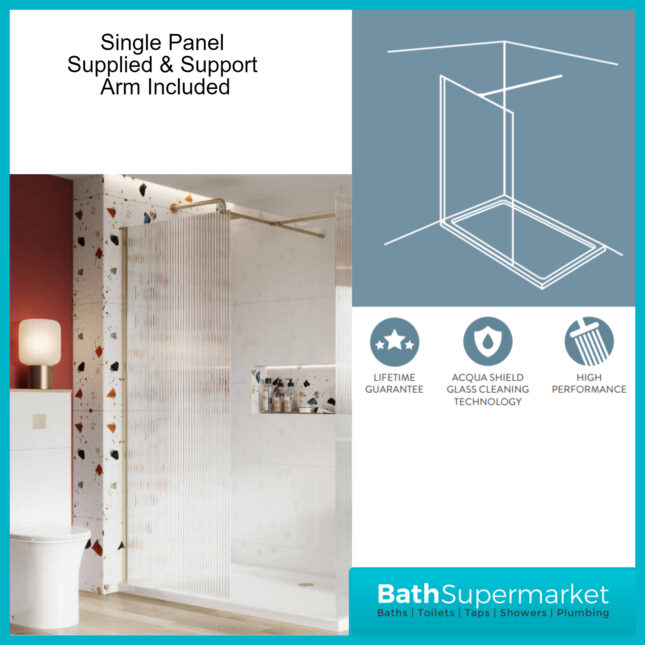 Sognare Brushed Brass Fluted 8mm Glass Shower Wetroom Screen Panel & Support Arm - Image 5