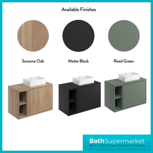 Orac Fluted Matt Black Wall Hung Side Shelf Vanity Unit 800mm & White Counter Top Basin
