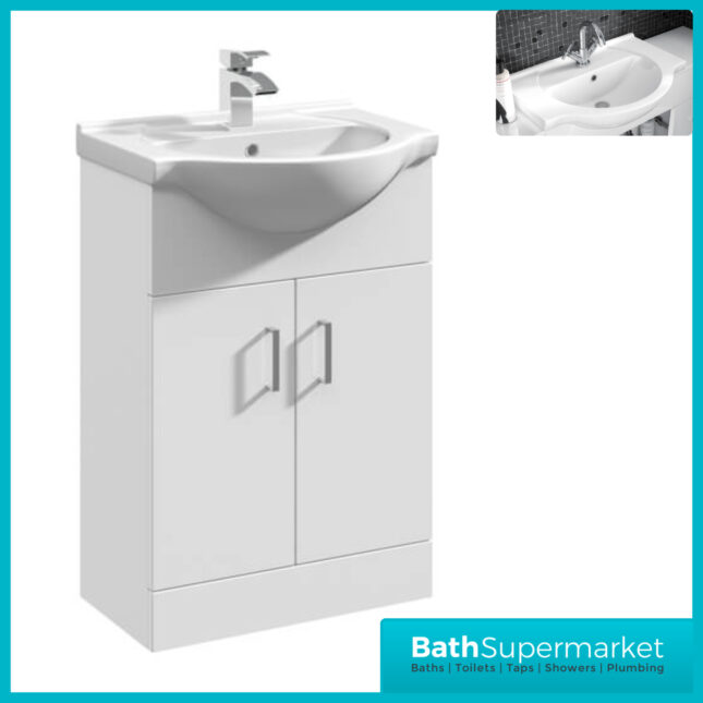 Mayford Gloss White Floor Standing Bathroom Vanity Cabinet Unit & Round Basin 550mm