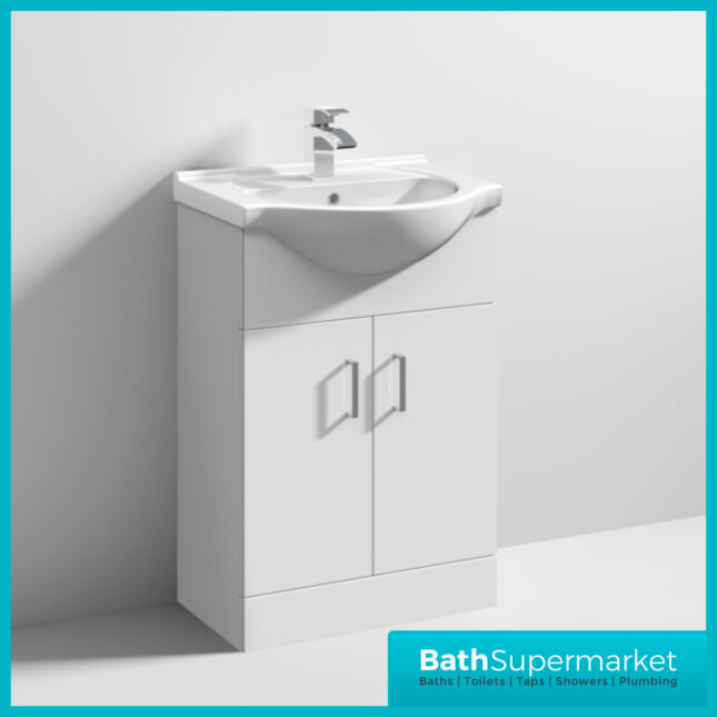 Mayford Gloss White Floor Standing Bathroom Vanity Cabinet Unit & Round Basin 550mm