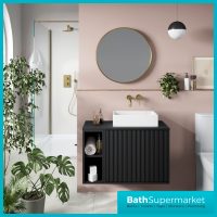 Orac Fluted Matt Black Wall Hung Side Shelf Vanity Unit 800mm & White Counter Top Basin - Image 8
