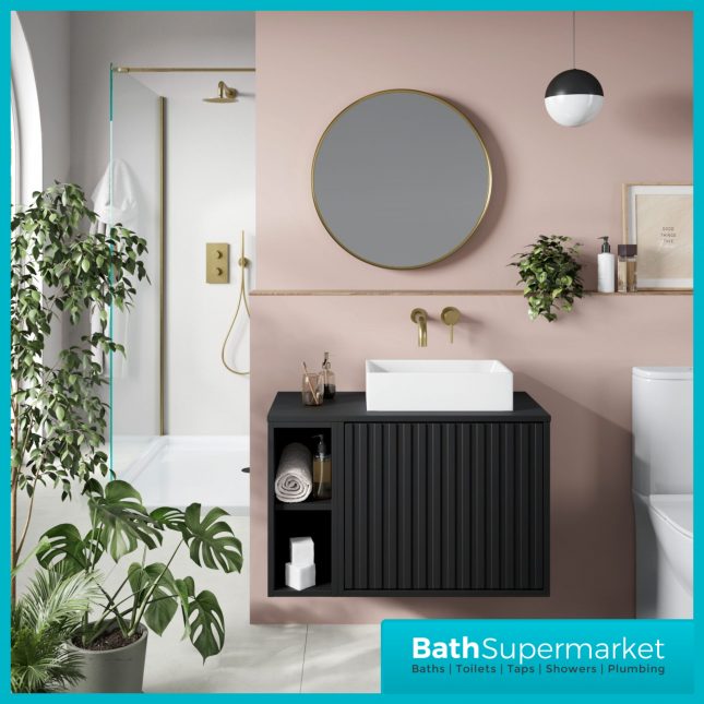Orac Fluted Matt Black Wall Hung Side Shelf Vanity Unit 800mm & White Counter Top Basin - Image 8