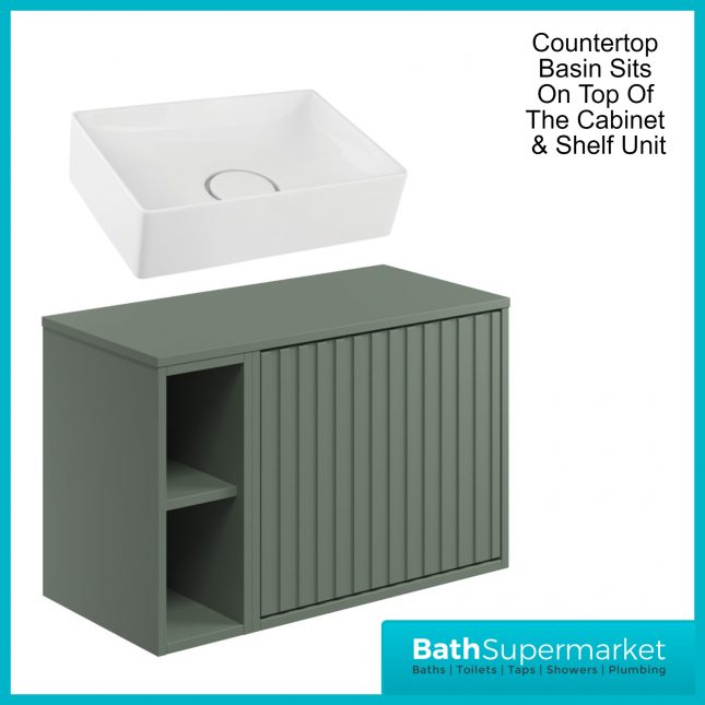 Orac Fluted Reed Green Wall Hung Side Shelf Vanity Unit 800mm & White Counter Top Basin