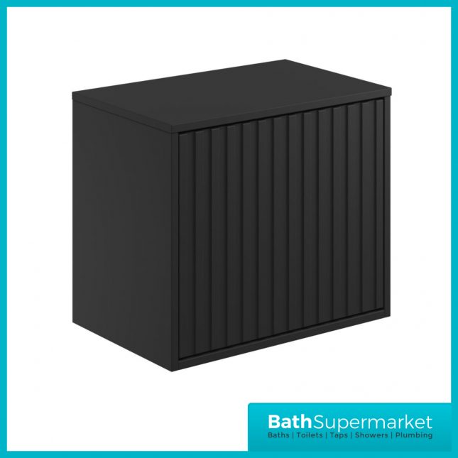 Orac Fluted Matt Black Wall Hung Bathroom Cabinet Drawer Unit 600mm With White Counter Top Basin - Image 7