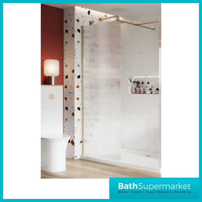Sognare Brushed Brass Fluted 8mm Glass Shower Wetroom Screen Panel & Support Arm - Image 4