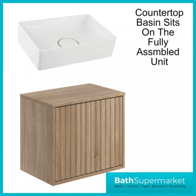 Orac Fluted Sonoma Oak Wall Hung Bathroom Cabinet Unit 600mm & White Counter Top Basin