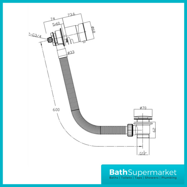 Sognare Brushed Brass Bath Filler With Click Clack Waste And Overflow - Image 4