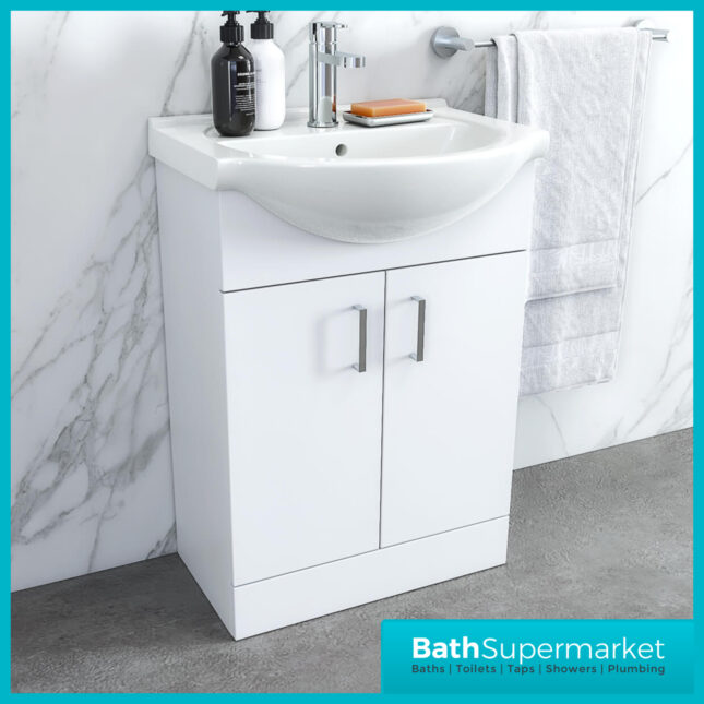 Mayford Gloss White Floor Standing Bathroom Vanity Cabinet Unit & Round Basin 650mm
